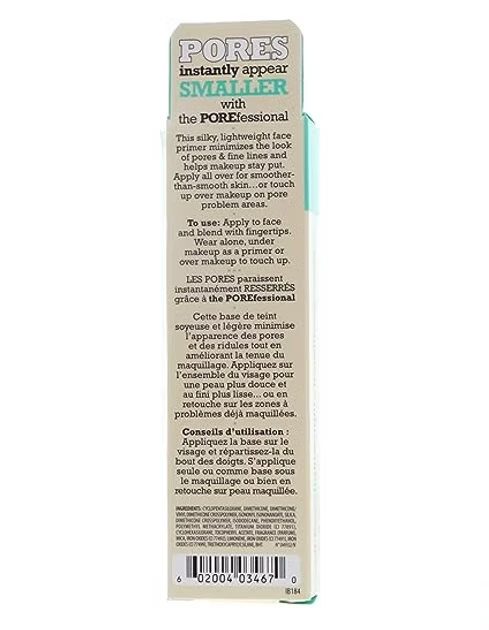 Back of a makeup product packaging with text on a white background