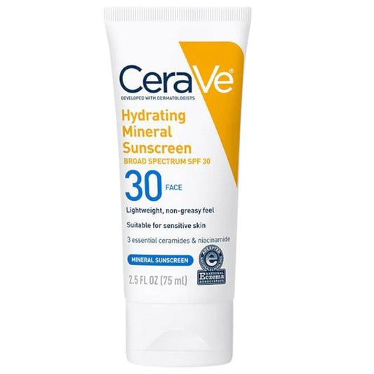 Buy CeraVe Hydrating Mineral Sunscreen SPF 50 at best price in Pakistan – broad spectrum mineral sunscreen with ceramides and niacinamide for sensitive skin, available online
