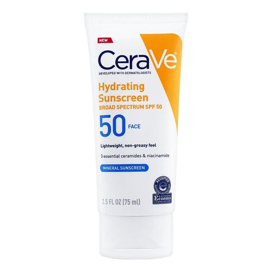 Buy CeraVe Hydrating Mineral Sunscreen SPF 50 at best price in Pakistan – broad spectrum mineral sunscreen with ceramides and niacinamide for sensitive skin, available online
