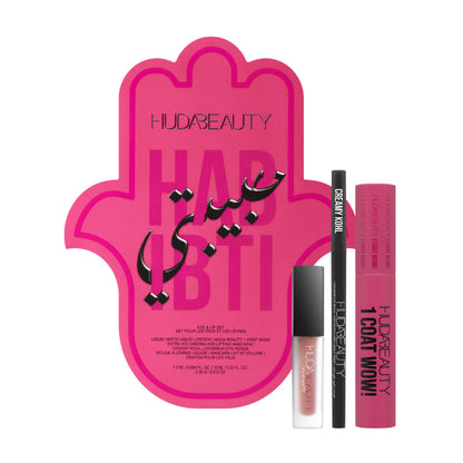 Huda Beauty Habibti Eye and Lip Set – complete makeup set featuring eyeshadow, lipstick, and lip liner for bold, glamorous looks, travel-friendly, available online in Pakistan
