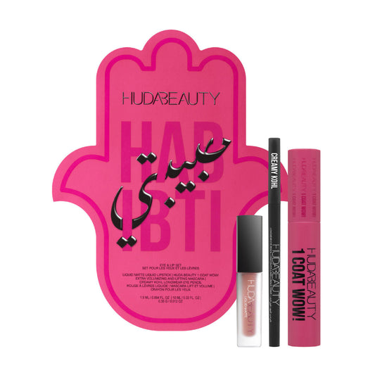 Huda Beauty Habibti Eye and Lip Set – complete makeup set featuring eyeshadow, lipstick, and lip liner for bold, glamorous looks, travel-friendly, available online in Pakistan

