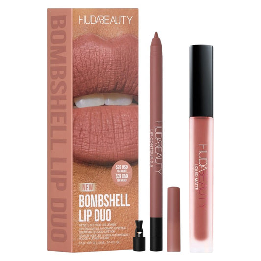 Huda Beauty Bombshell Lip Duo – dual lipstick and lip gloss set for smooth, long-lasting, bold lips with rich pigment, available online in Pakistan
