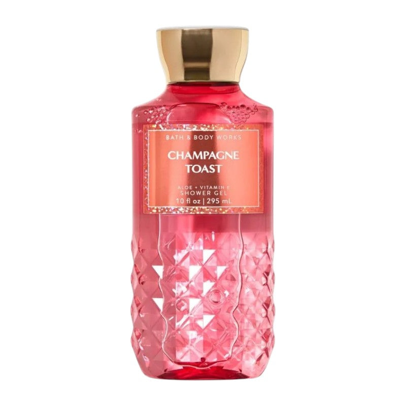 Bath & Body Works Champagne Toast Shower Gel 295ml – gentle body cleanser with vitamin E and aloe, rich bubbly lather and fruity sweet fragrance of bubbly champagne, sparkling berries and juicy tangerine, available in Pakistan