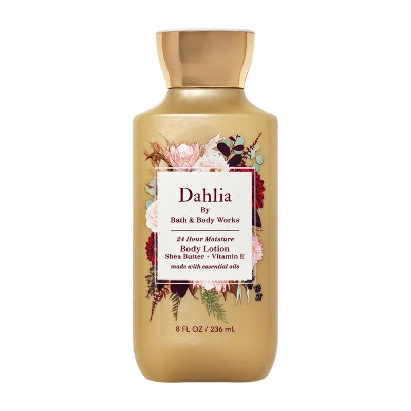 Bath & Body Works Dahlia Body Lotion 236ml – moisturizing scented body lotion infused with coconut oil, shea butter and vitamin E for 24-hour moisture, featuring dahlia petals, crisp pear and praline fragrance, available in Pakistan