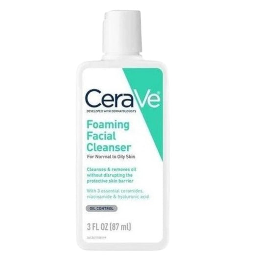 Buy CeraVe Foaming Facial Cleanser 87ml at best price in Pakistan – travel-size foaming cleanser for oily skin that deeply cleanses while maintaining skin barrier, available online
