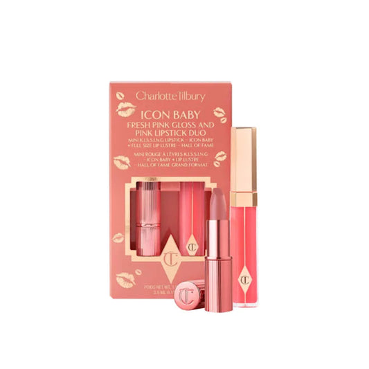 Charlotte Tilbury K.I.S.S.I.N.G Lipstick and Lip Gloss Duo Icon Baby – hydrating nude pink lipstick with matching lip gloss for glossy finish, long-lasting lip makeup set available online in Pakistan
