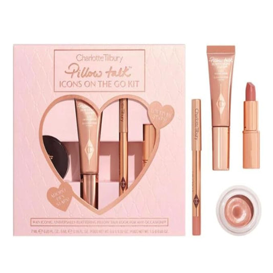 Charlotte Tilbury Pillow Talk Icons On The Go Kit – makeup set featuring iconic Pillow Talk lipstick, lip liner, and mascara for travel-friendly glamour, available online in Pakistan
