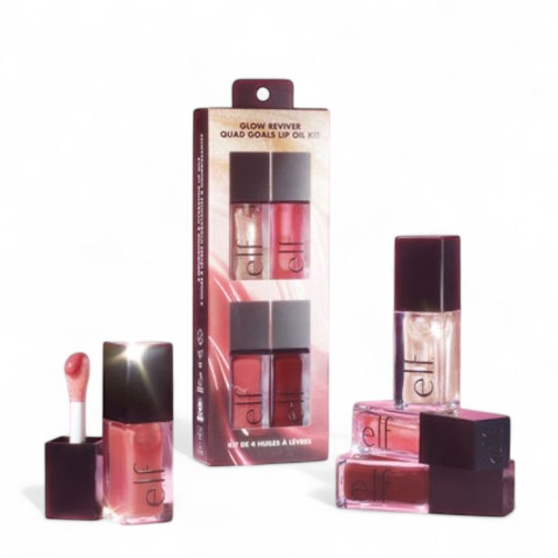 e.l.f. Glow Reviver Quad Goals Lip Oil Kit – hydrating lip oil set with four glossy shades for smooth, nourished, and glowing lips, travel-friendly lip kit available online in Pakistan
