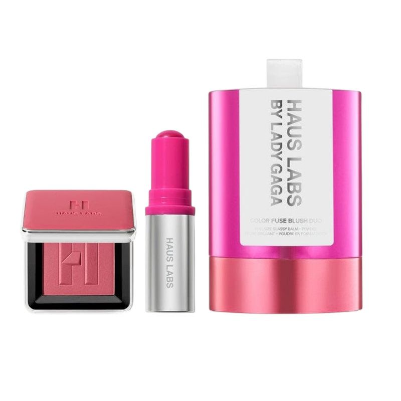 Haus Labs Color Fuse Innovation Glassy Balm + Powder Blush Duo – hydrating lip balm and silky powder blush set by Lady Gaga, long-lasting color and glow, available online in Pakistan
