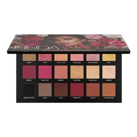Huda Beauty Rose Gold Remastered Eyeshadow Palette – professional eyeshadow palette with blendable rose gold shimmer and matte shades for versatile eye looks, long-lasting and high-pigment, available online in Pakistan
