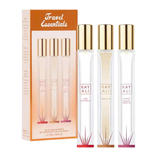 "Buy Kayali Travel Spray Trio Set in Pakistan – three travel-size luxury perfumes for women, perfect for on-the-go fragrance and daily use."