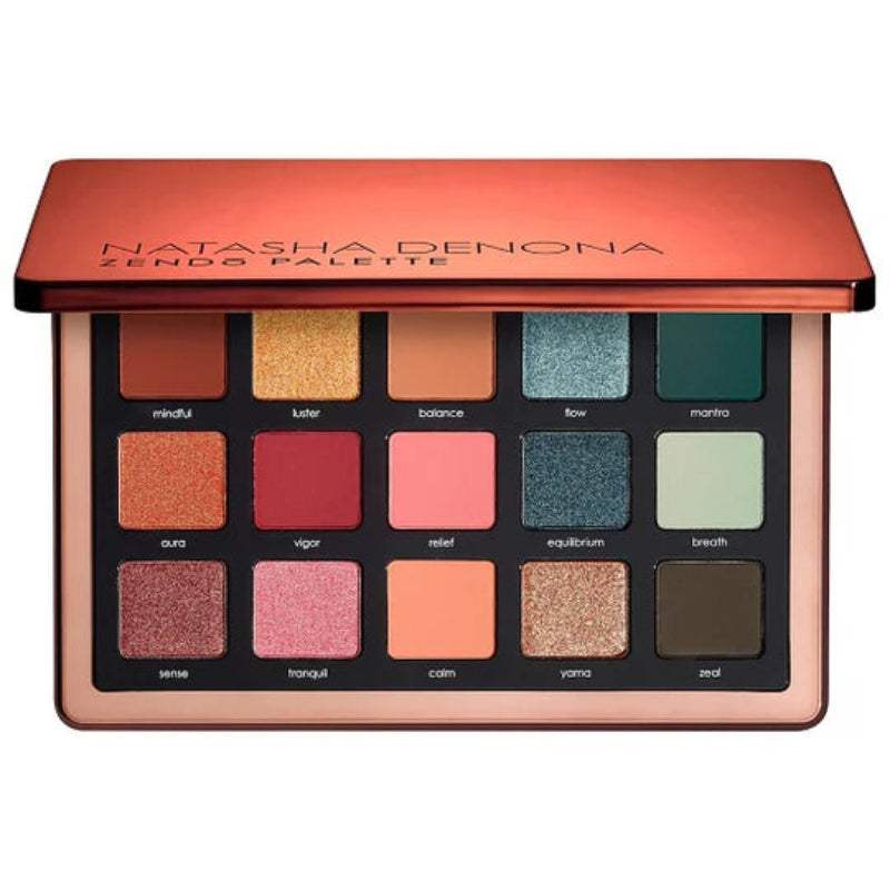 "Buy Natasha Denona Zendo Eyeshadow Palette in Pakistan – a luxury mix of matte and shimmer shades in coral, bronze, and teal tones for versatile day-to-night glam looks."