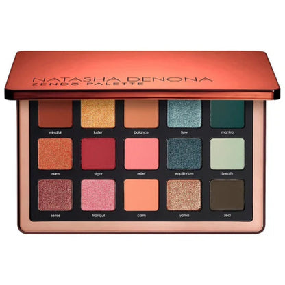 "Buy Natasha Denona Zendo Eyeshadow Palette in Pakistan – a luxury mix of matte and shimmer shades in coral, bronze, and teal tones for versatile day-to-night glam looks."