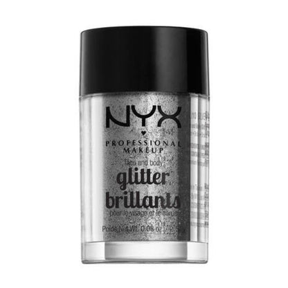 “NYX Face & Body Glitter Silver – sparkling cosmetic glitter for face and body makeup looks available in Pakistan”