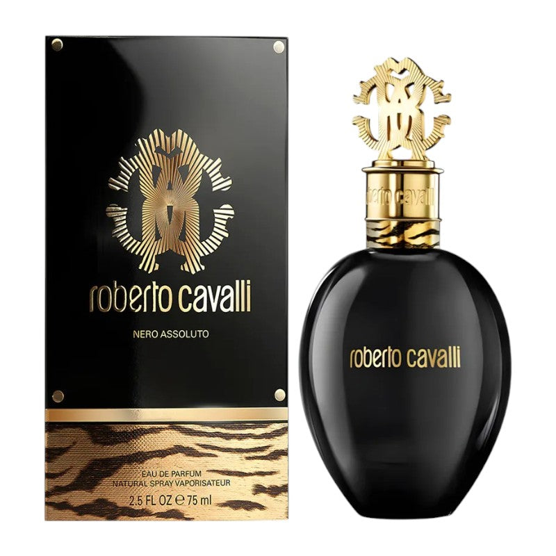 “Roberto Cavalli Nero Assoluto Eau de Parfum 75ml for Women – luxurious floral fragrance with orchid, black vanilla, sandalwood and ebony wood available in Pakistan”