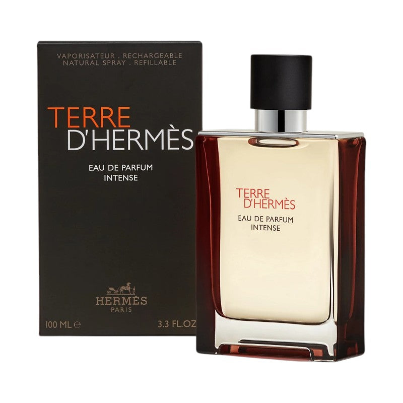 Terre d’Hermès Eau de Parfum Intense 100ml for Men – deep woody fragrance with lively bergamot, warm burning wood, intense lava stone, roasted coffee and deep liquorice notes, available in Pakistan